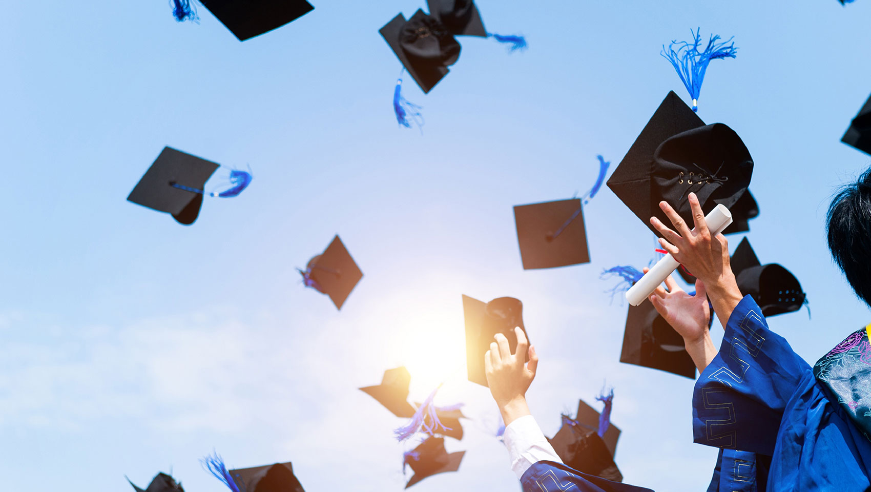 Students throw grad caps in the air
