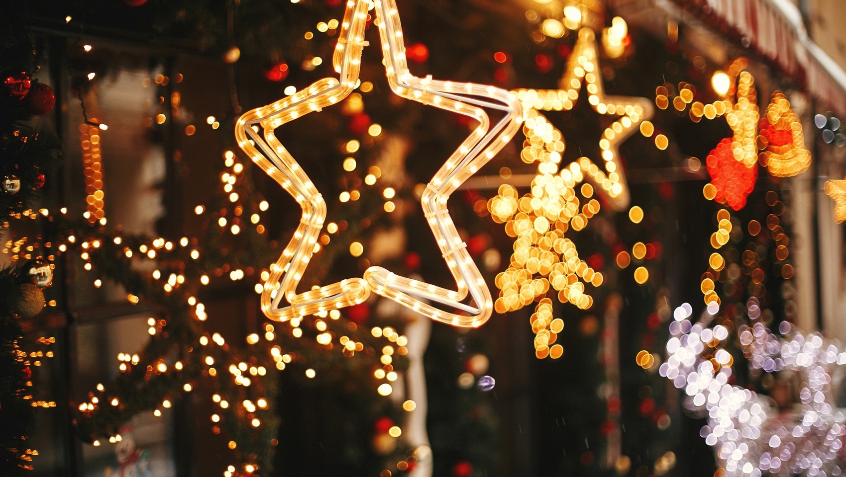 Holiday lights with star light in foreground